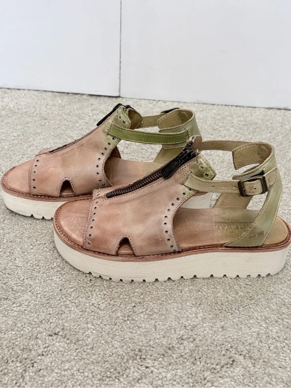 Bed Stu Pink Leather Front-Zip Studded Sandals